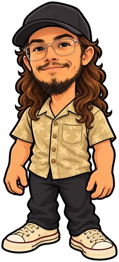 Brady: a cartoon guy with long curly hair, a ball cap, clear glasses and a flowered short-sleeve shirt